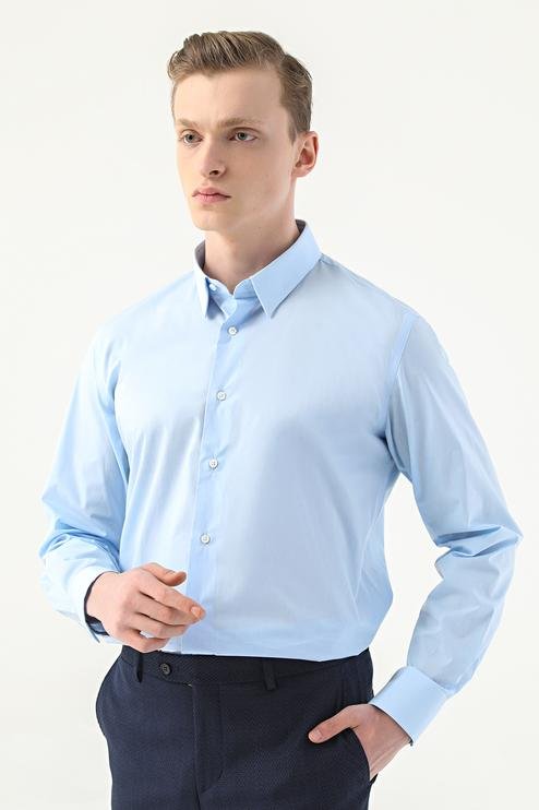 Damat Slim Fit Mavi Düz Pamuk Karışımlı Likralı Gömlek - 8682365139858 | Damat Tween