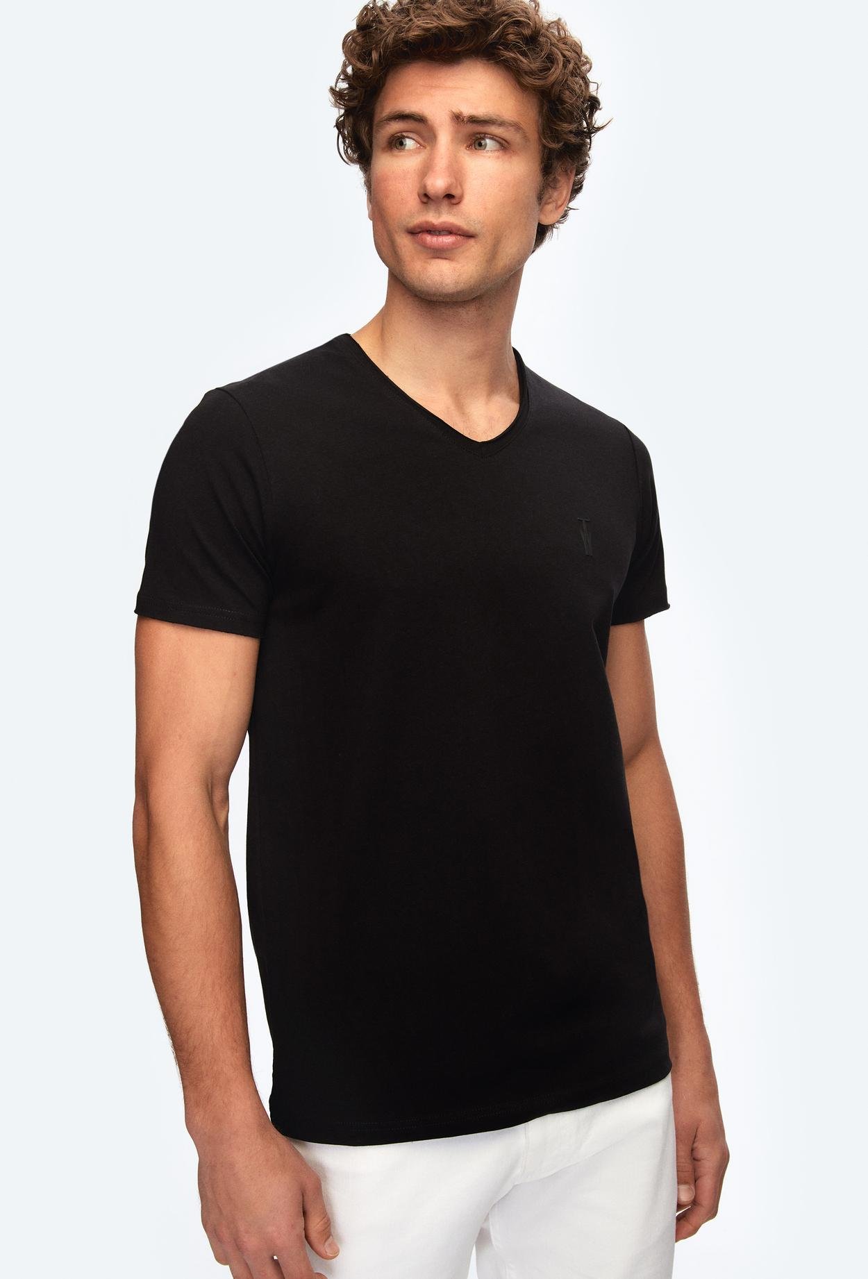 Twn Slim Fit Siyah Düz Pamuklu Logo Baskılı T-Shirt