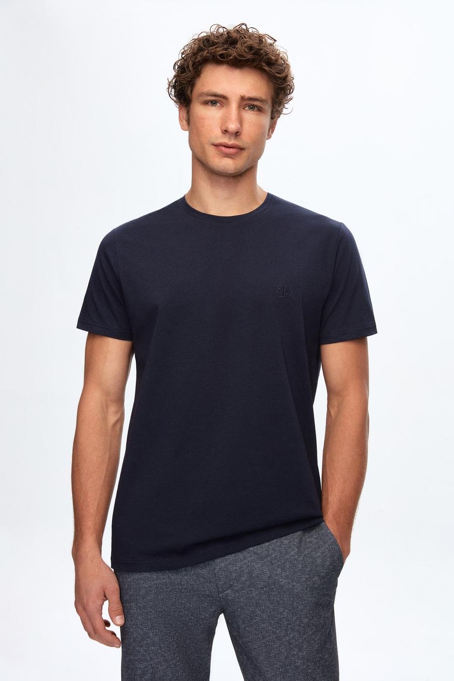 Ds Damat Regular Fit Lacivert Düz Örgü Nakışlı %100 Pamuk T-Shirt