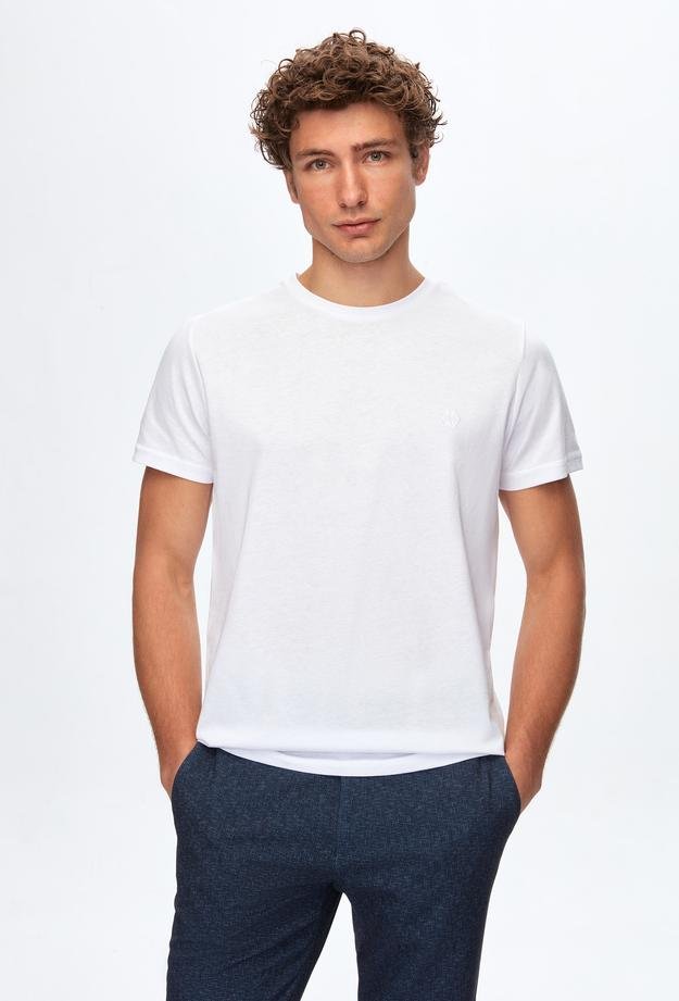 Ds Damat Regular Fit Beyaz Düz Örgü Nakışlı %100 Pamuk T-Shirt