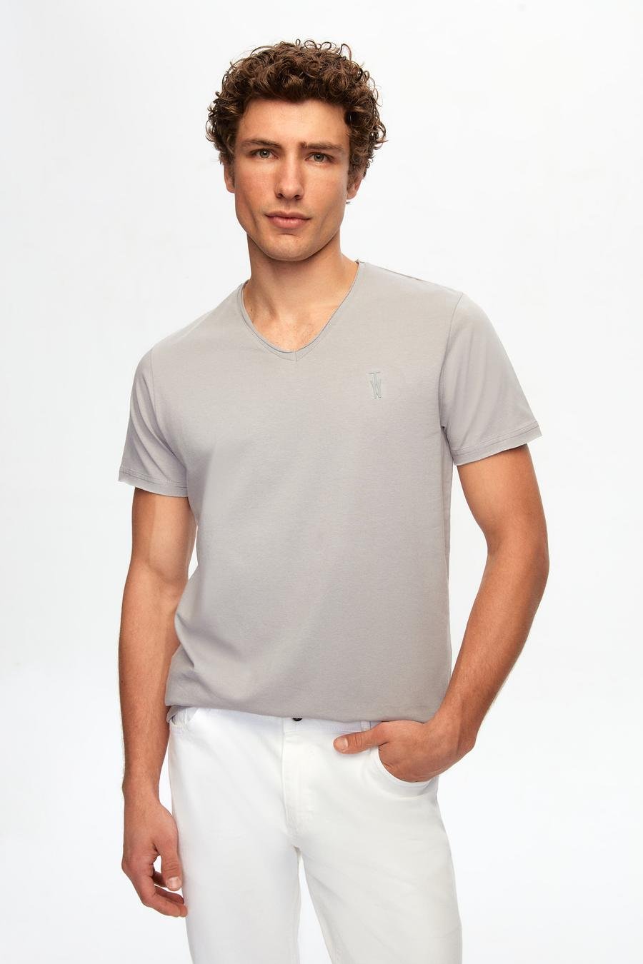 Twn Slim Fit Gri Düz Örgü Pamuklu Logo Baskılı T-Shirt - 8683218252656 | D'S Damat