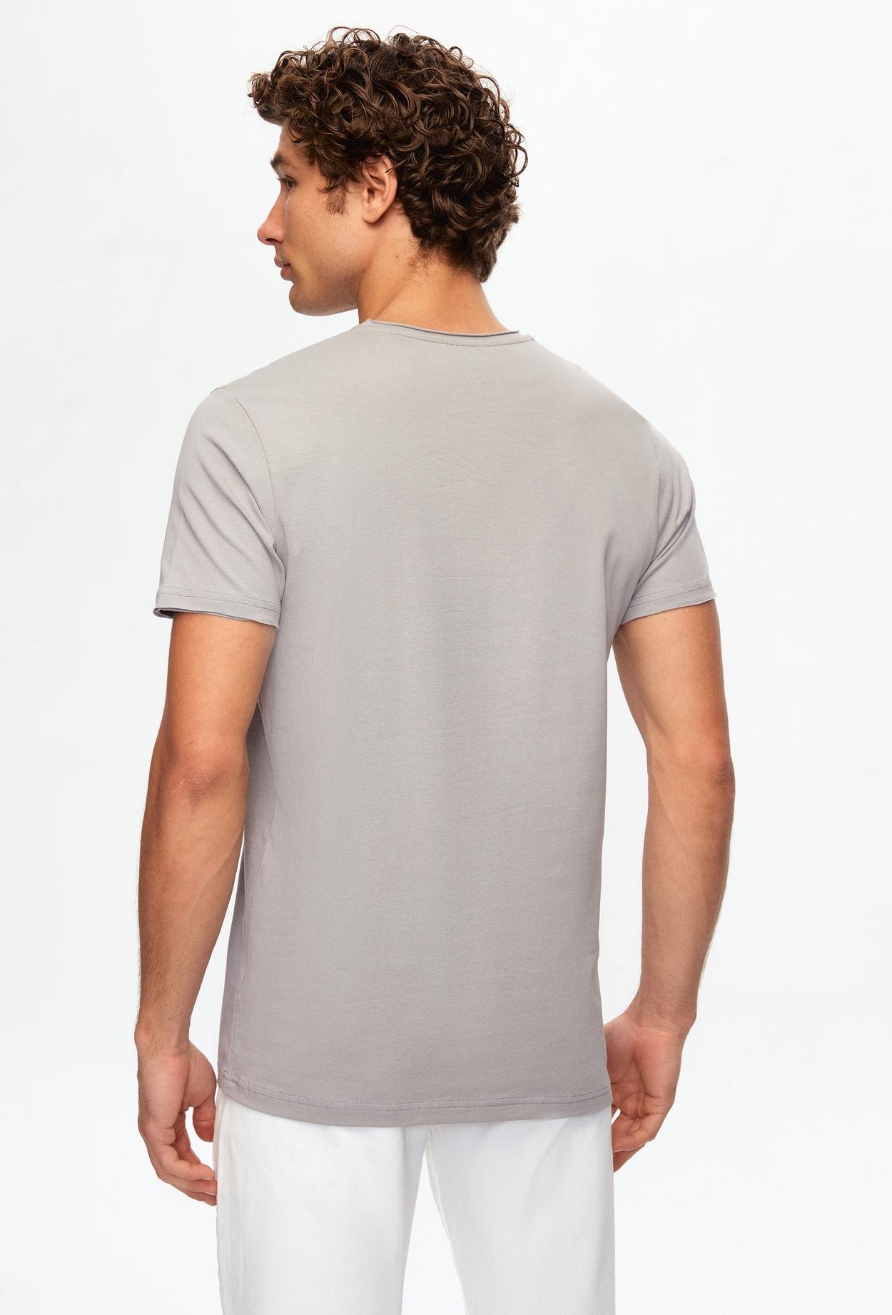 Twn Slim Fit Gri Düz Örgü Pamuklu Logo Baskılı T-Shirt