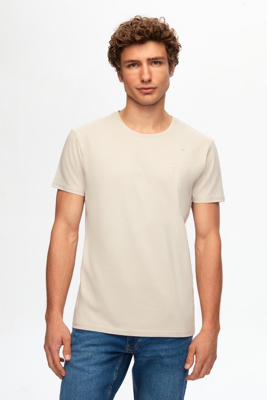 Twn Slim Fit Taş Düz Örgü Twn Logo Baskılı Strech Pamuklu T-Shirt - 8683219040900 | D'S Damat