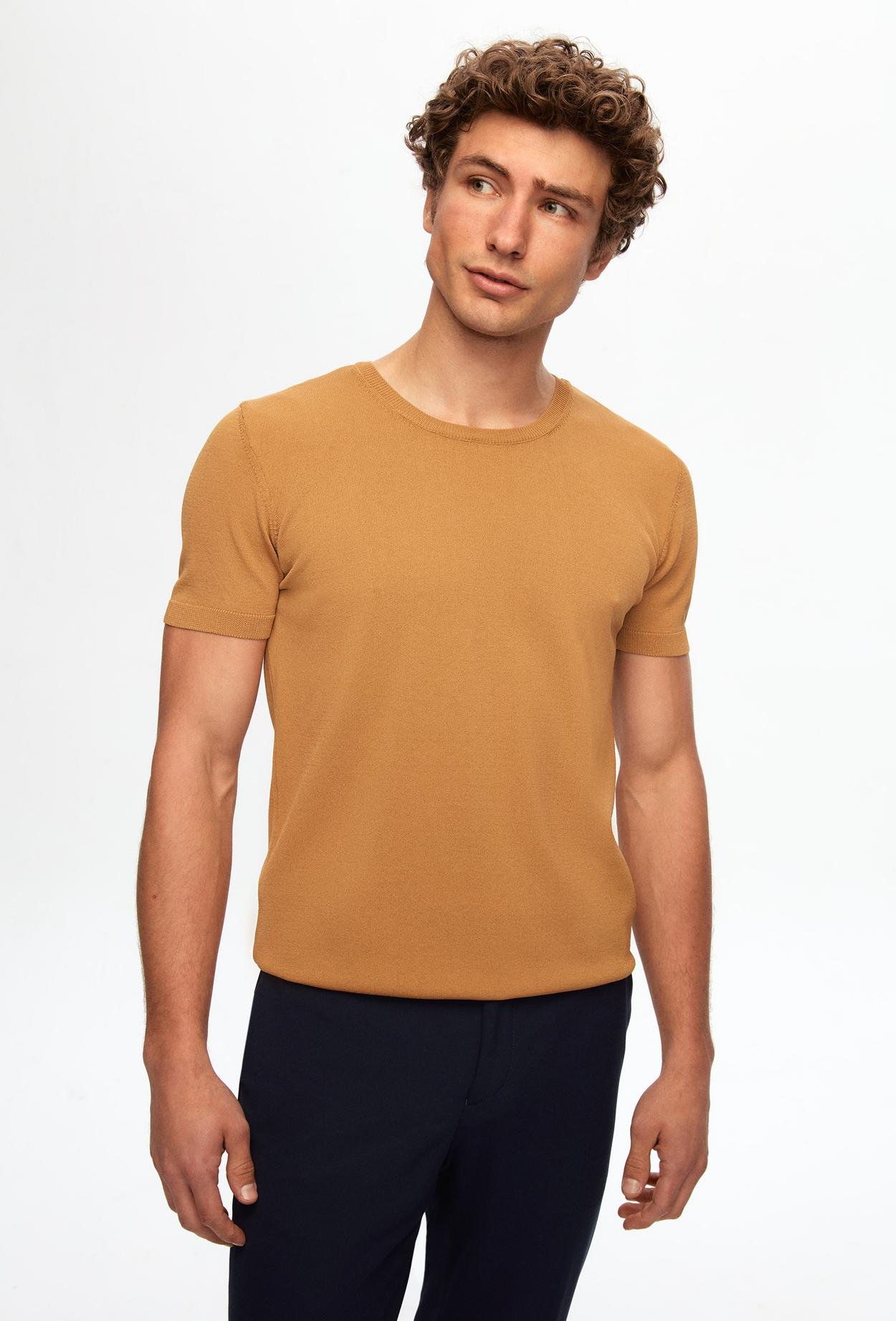 Twn Slim Fit Camel Düz Örgü Rayon Örme T-Shirt