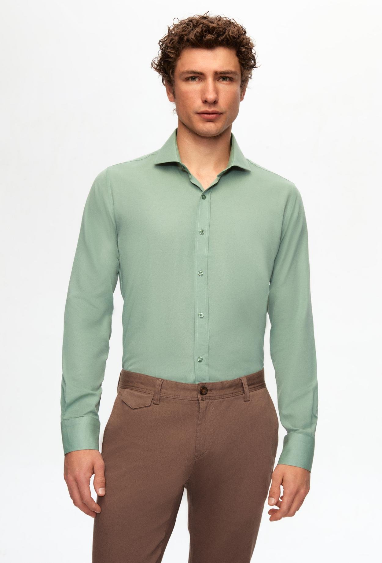 Ds Damat Slim Fit Yeşil İtalyan Yaka Gömlek