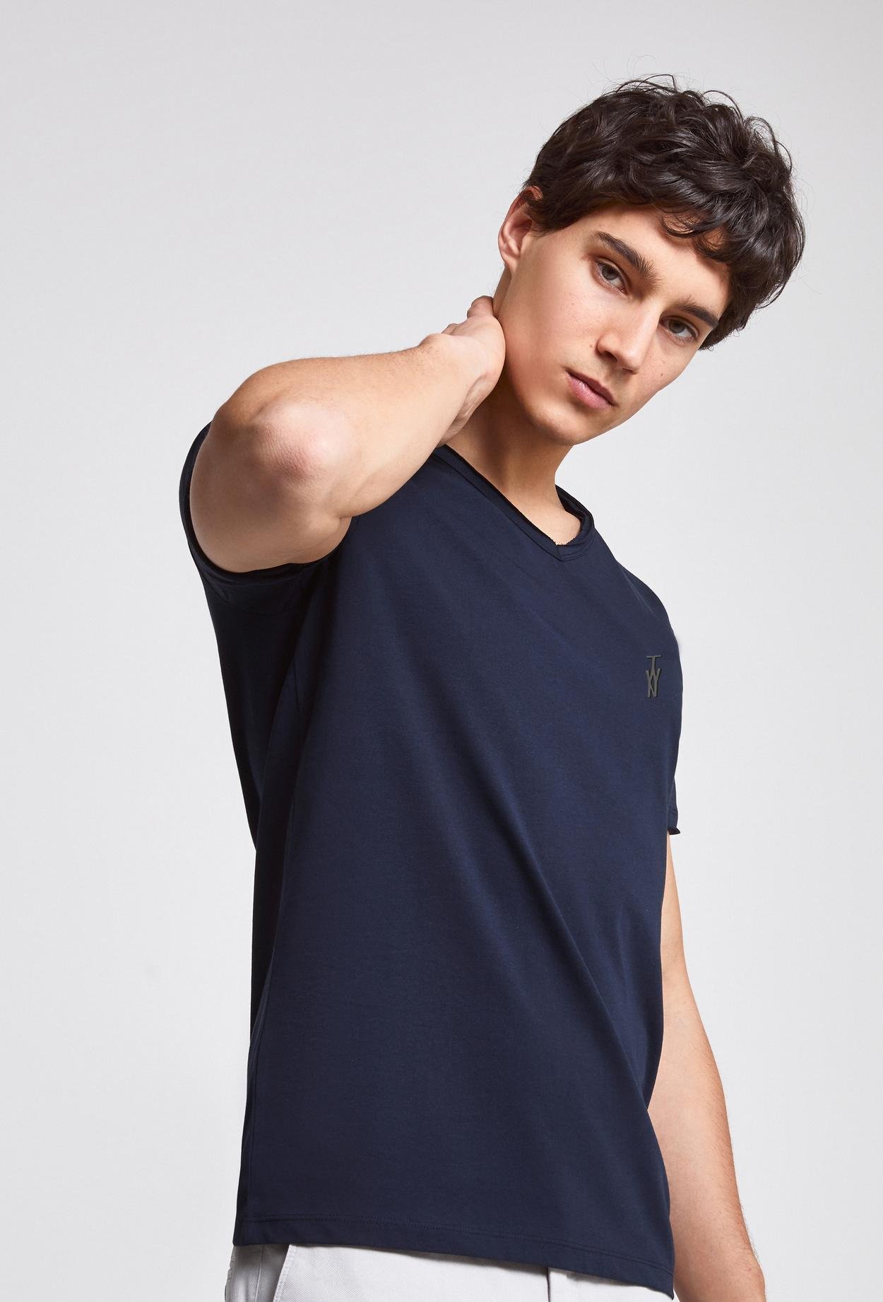 Twn Slim Fit Lacivert Düz Örgü Pamuklu Logo Baskılı T-Shirt