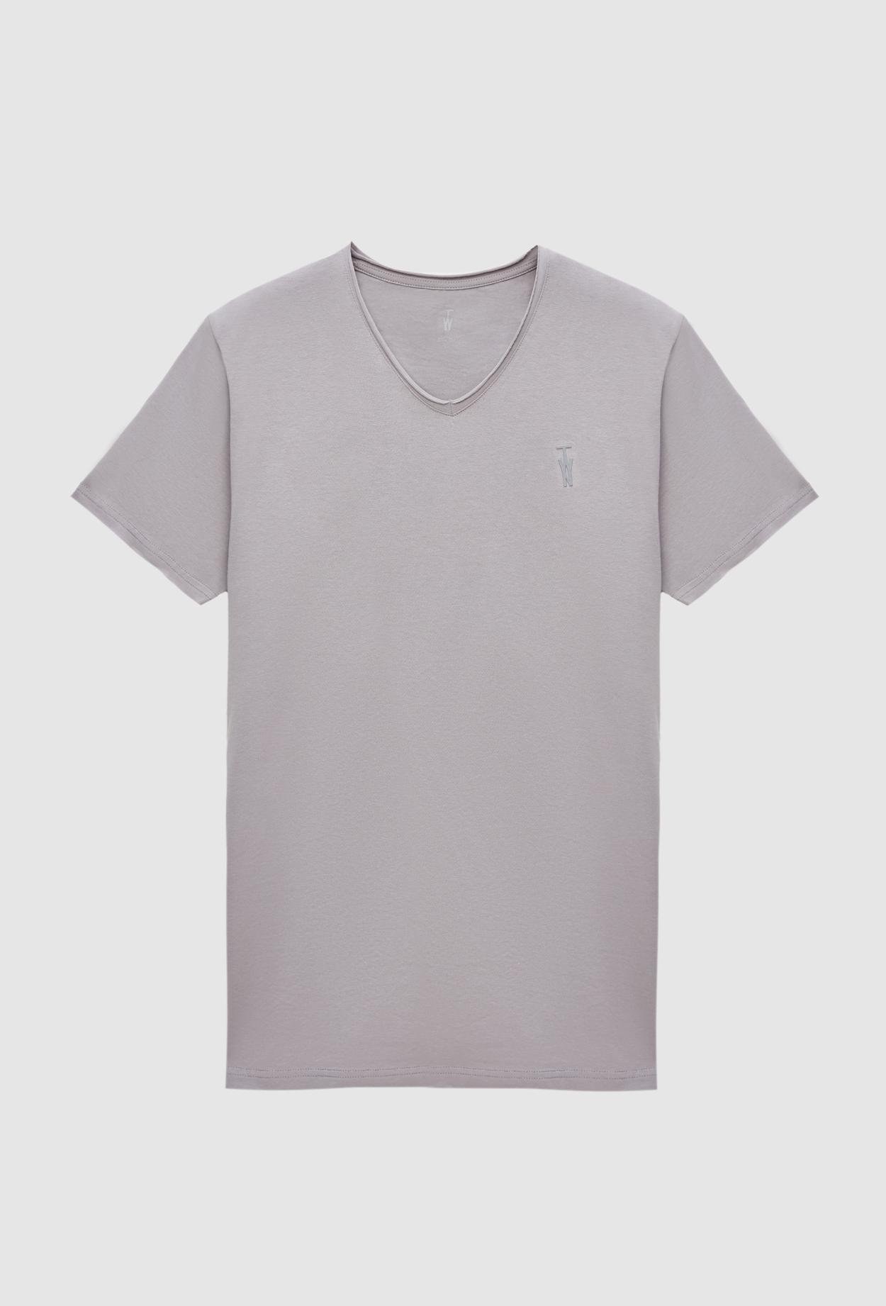 Twn Slim Fit Gri Düz Örgü Pamuklu Logo Baskılı T-Shirt