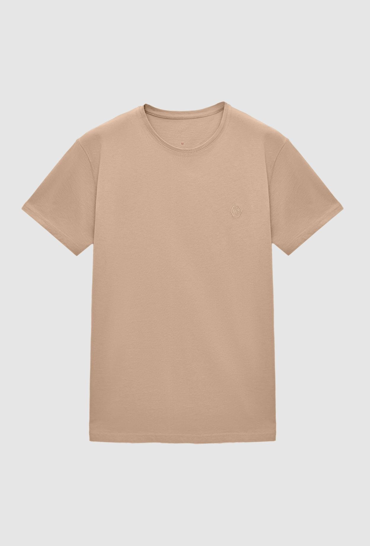 Ds Damat Regular Fit Bej Düz Örgü Nakışlı %100 Pamuk T-Shirt