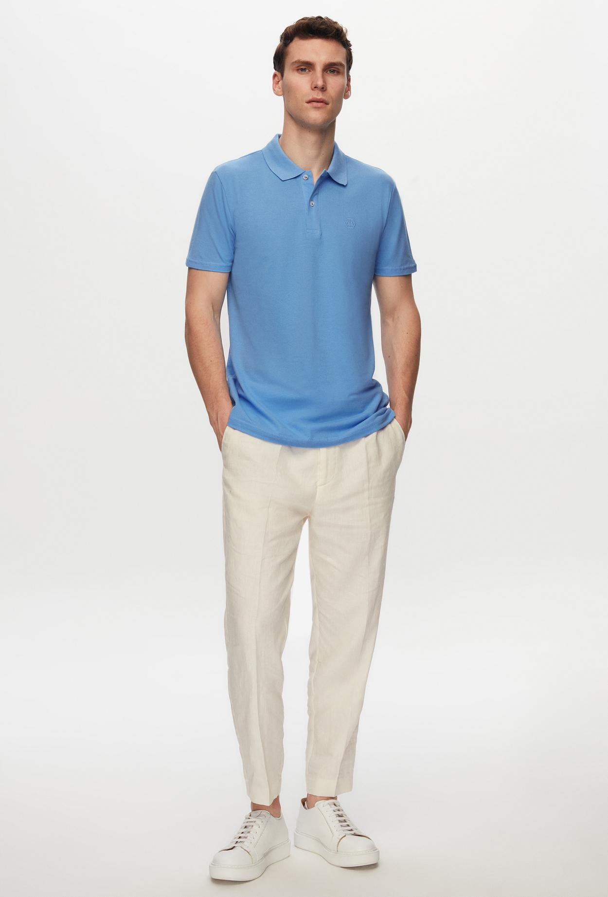 Ds Damat Regular Fit Mavi %100 Pamuk Polo Yaka Nakışlı T-Shirt
