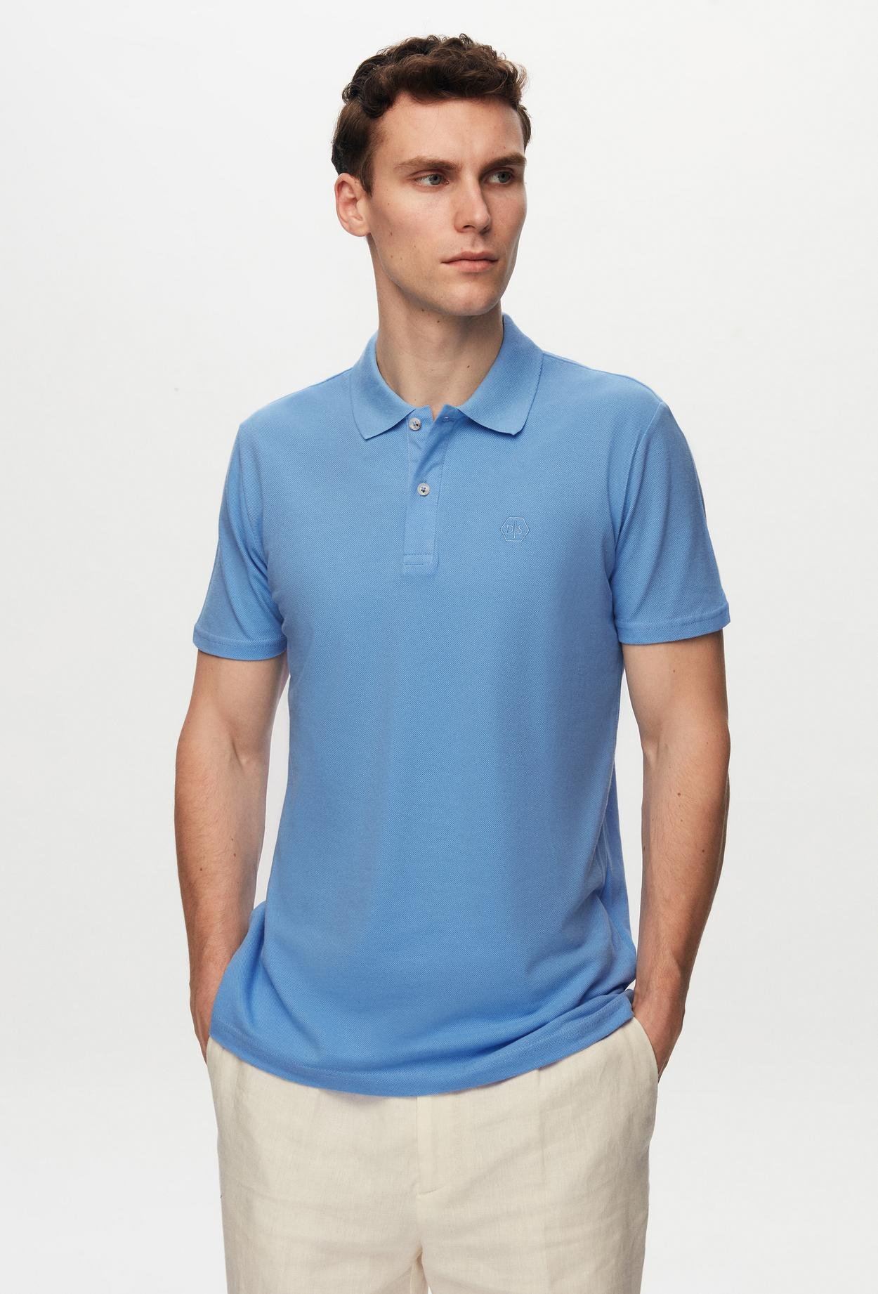 Ds Damat Regular Fit Mavi Pike Dokulu %100 Pamuk Polo Yaka Nakışlı T-Shirt