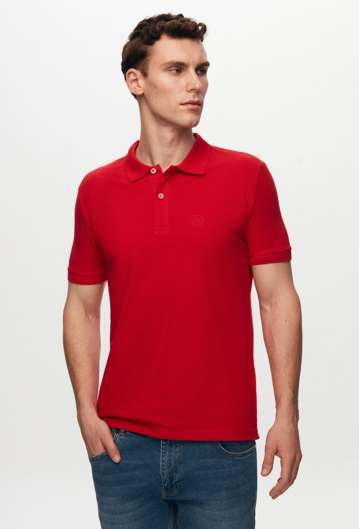 Ds Damat Regular Fit Kırmızı Pike Dokulu %100 Pamuk Polo Yaka Nakışlı T-Shirt