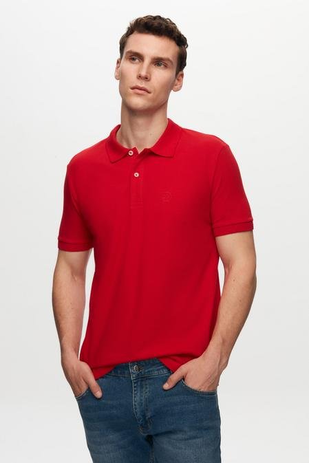 Ds Damat Regular Fit Kırmızı Pike Dokulu %100 Pamuk Polo Yaka Nakışlı T-Shirt - 6725695039985 | D'S Damat