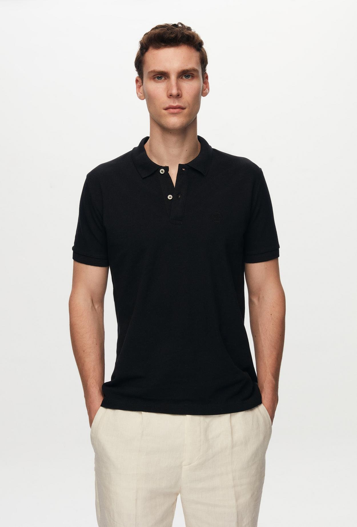 Ds Damat Regular Fit Siyah %100 Pamuk Polo Yaka Nakışlı T-Shirt