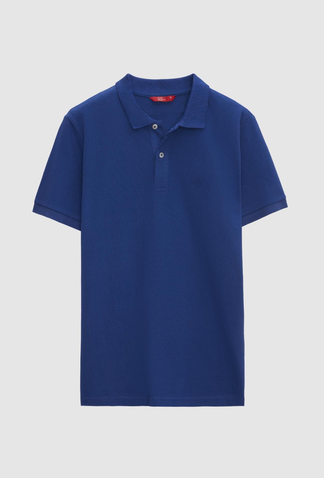 Ds Damat Regular Fit Saks Mavi Pike Dokulu %100 Pamuk Polo Yaka Nakışlı T-Shirt