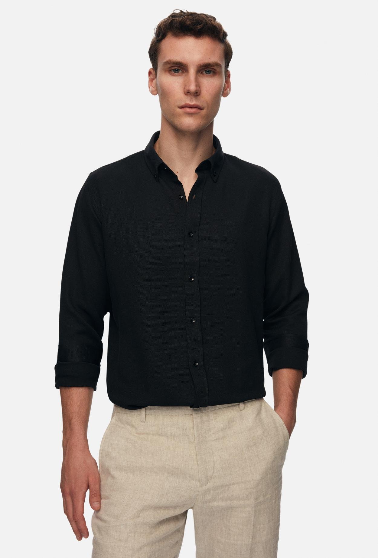 Ds Damat Slim Fit Siyah Oxford Nakışlı Gömlek