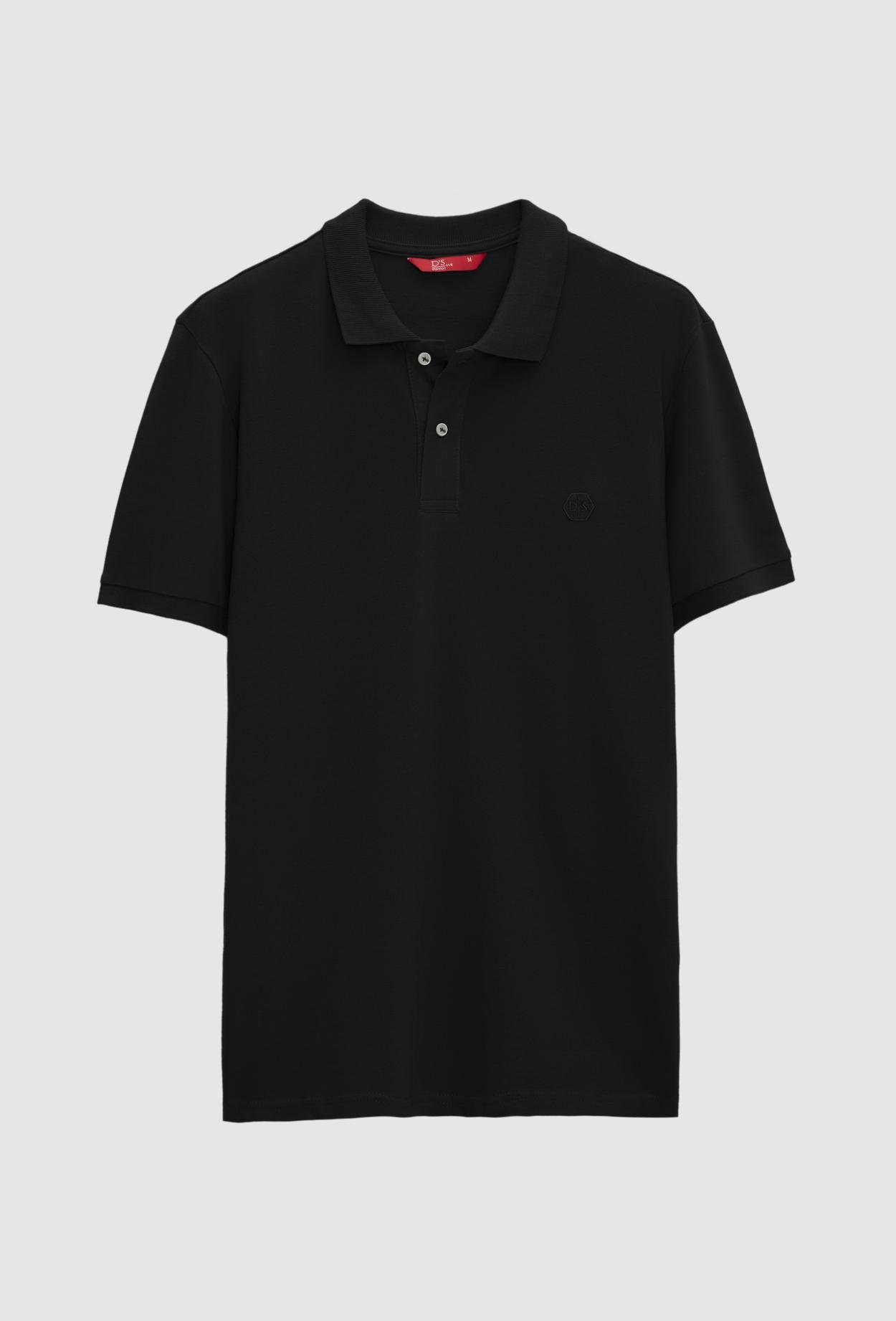 Ds Damat Regular Fit Siyah Pike Dokulu %100 Pamuk Polo Yaka Nakışlı T-Shirt