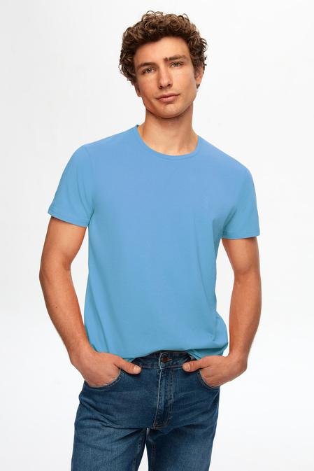 Twn Slim Fit Mavi Düz Örgü Twn Logo Baskılı Strech Pamuklu T-Shirt - 8683218253004 | D'S Damat