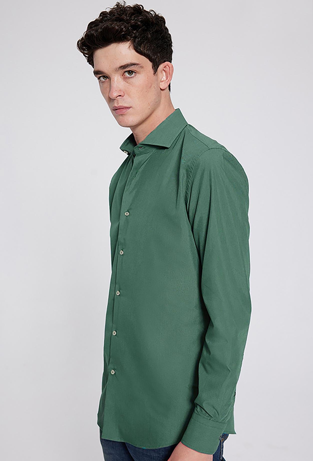 Ds Damat Slim Fit Yeşil Armürlü İtalyan Yaka Gömlek