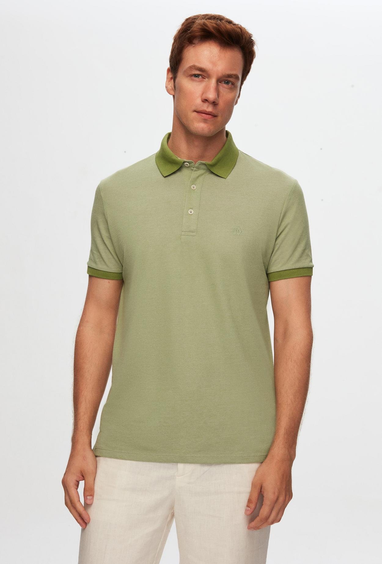 Ds Damat Regular Fit Yeşil Polo Yaka Nakışlı Pamuk Karışımlı T-Shirt