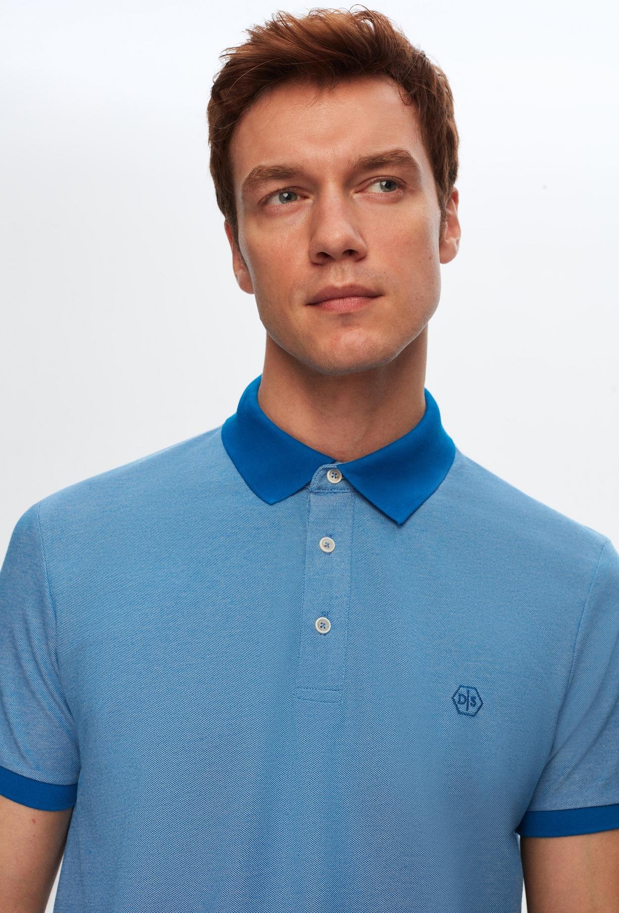 Ds Damat Regular Fit Saks Mavi Polo Yaka Nakışlı Pamuk Karışımlı T-Shirt