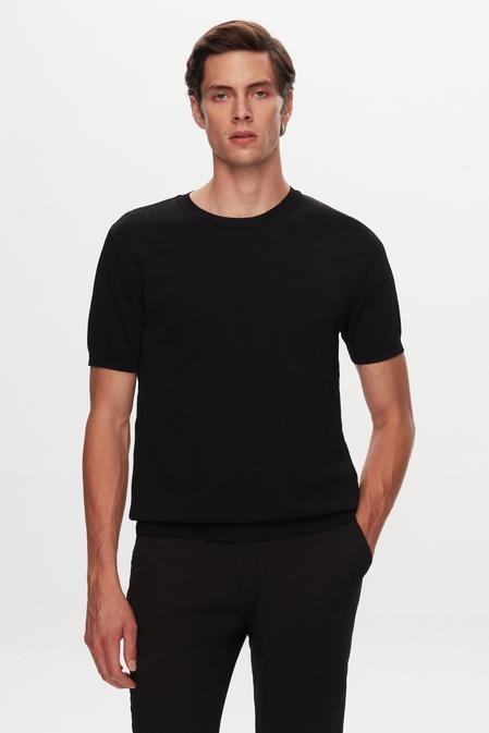 Twn Slim Fit Siyah Düz Örgü Rayon Örme T-Shirt - 8683219374999 | D'S Damat