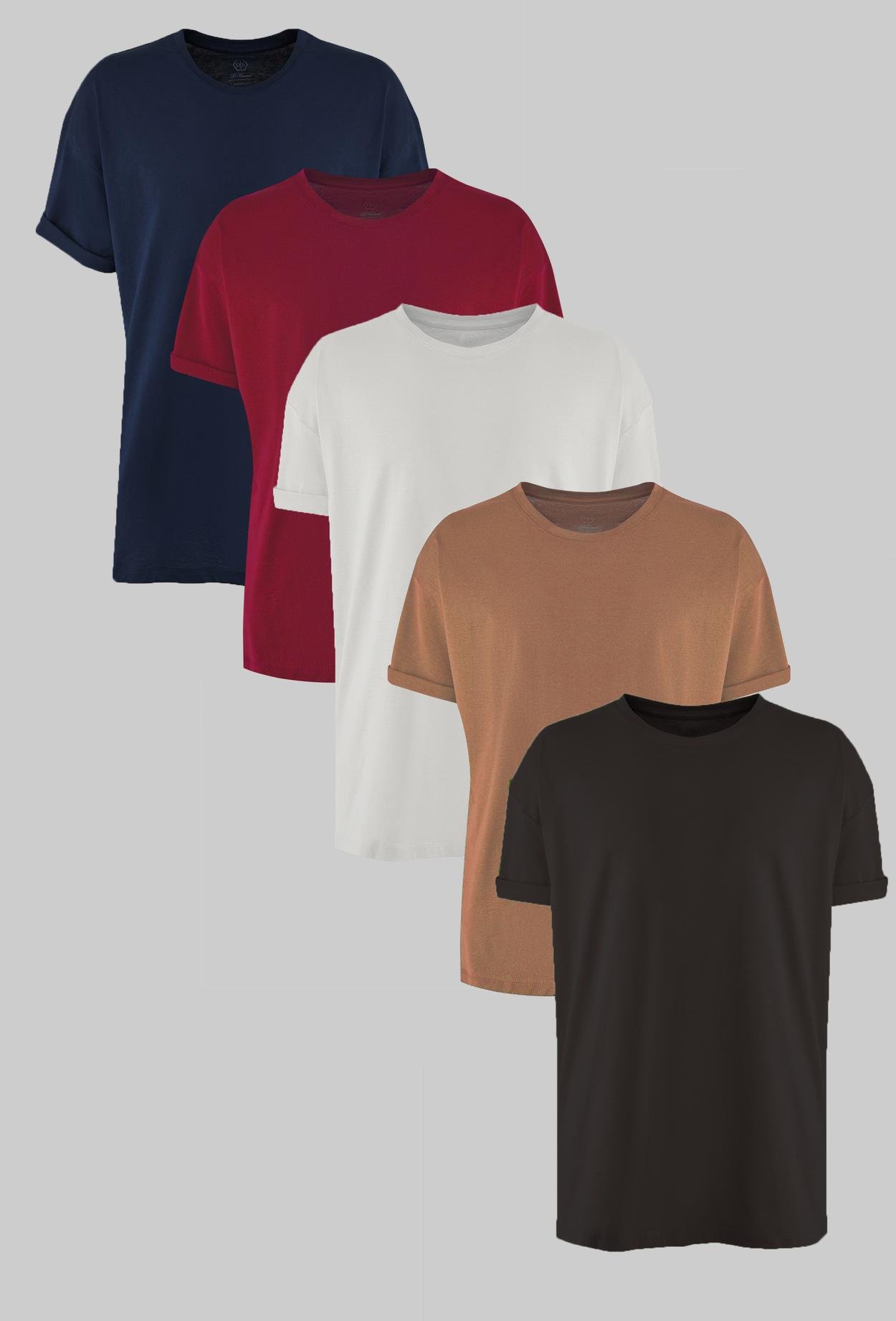 Ds Damat Comfort Lacivert/Bordo/Beyaz/Vizon/Antrasit 5'Li Bol Kesim %100 Pamuk T-Shirt
