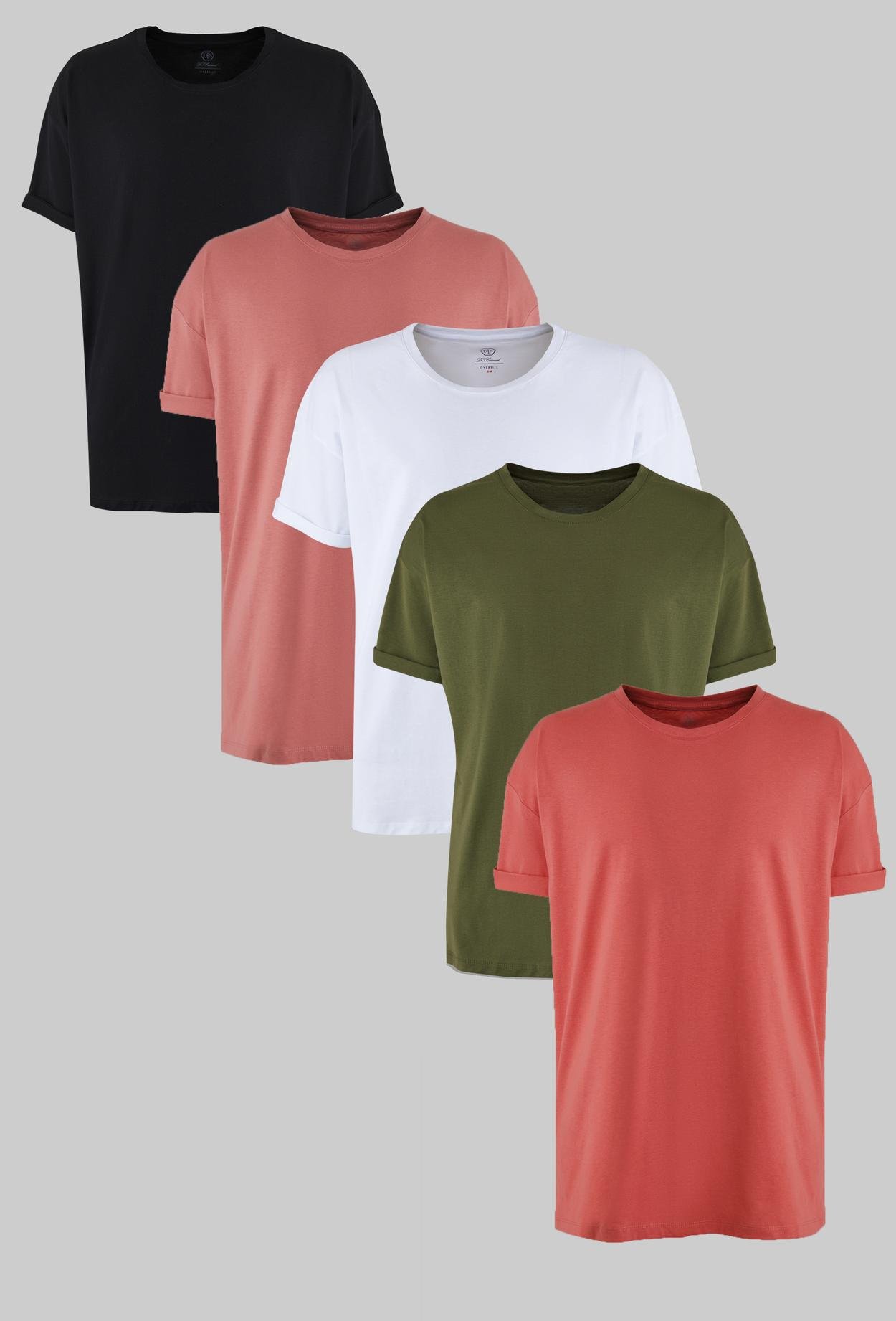 Ds Damat Comfort Siyah/Pempe/Beyaz/Haki/Kiremit 5'Li Bol Kesim %100 Pamuk T-Shirt