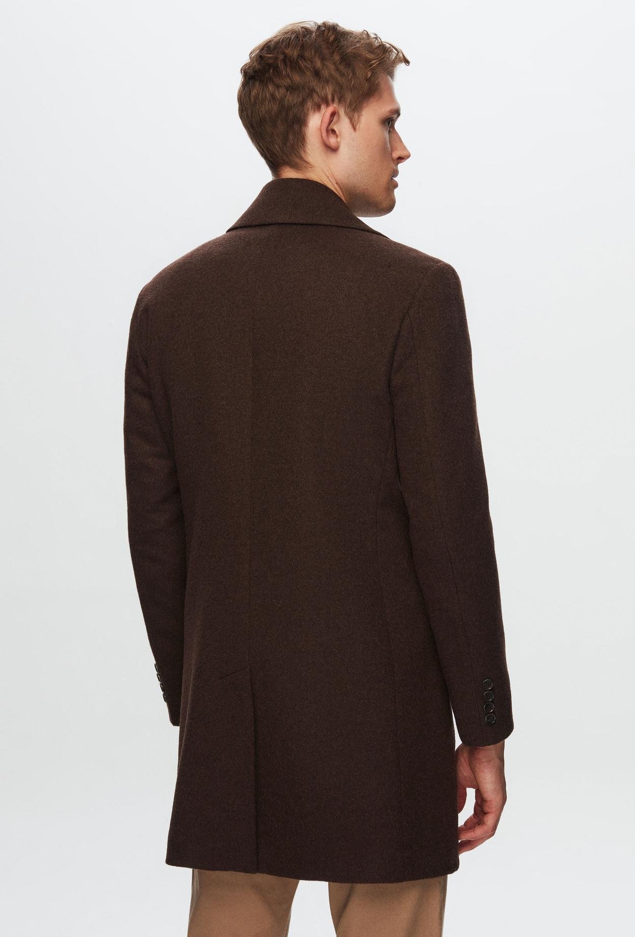 Ds Damat Regular Fit Kahverengi Düz Yünlü Kruvaze Kaşe Palto