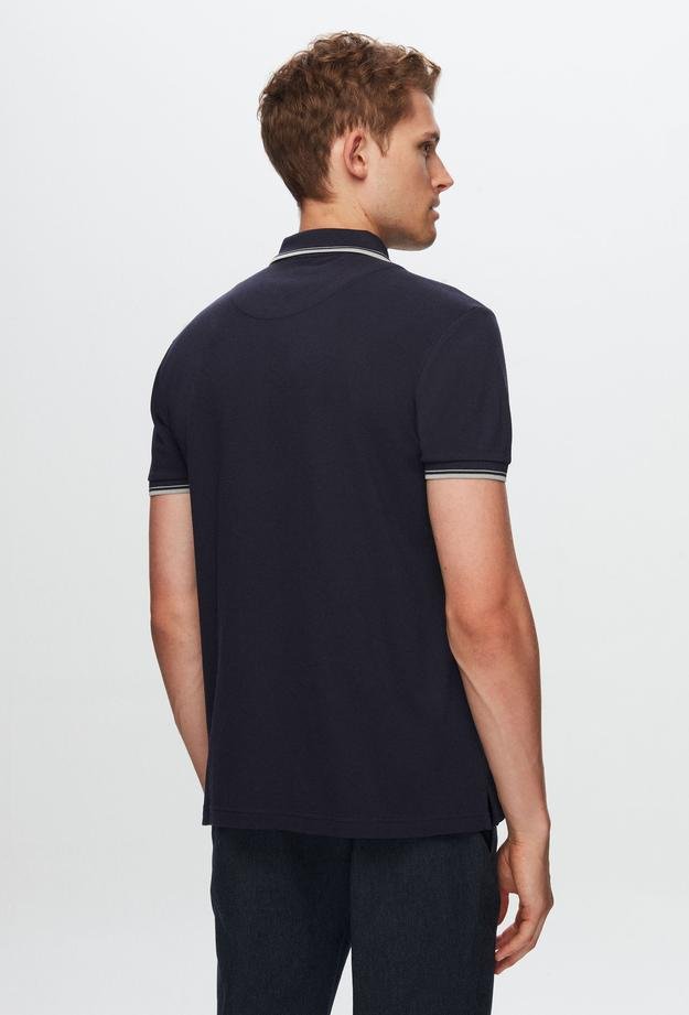 Twn Slim Fit Koyu Lacivert Düz Örgü Pamuklu Logo Baskılı T-Shirt