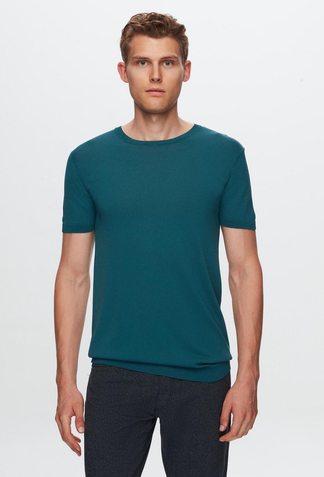 Twn Slim Fit Zümrüt Yeşili Düz Örgü Rayon Örme T-Shirt