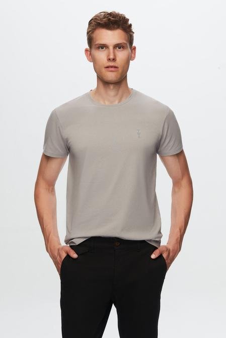 Twn Slim Fit Gri Düz Örgü Twn Logo Baskılı Strech Pamuklu T-Shirt - 8683218252915 | D'S Damat