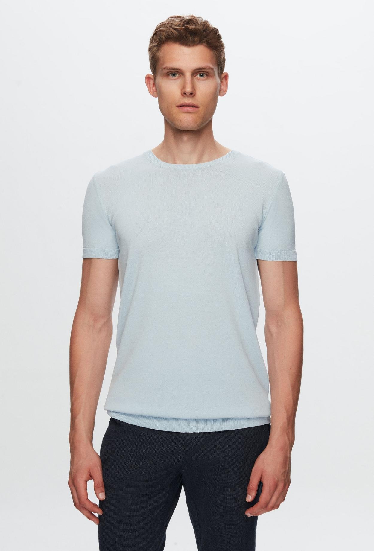 Twn Slim Fit Mavi Düz Örgü Rayon Örme T-Shirt