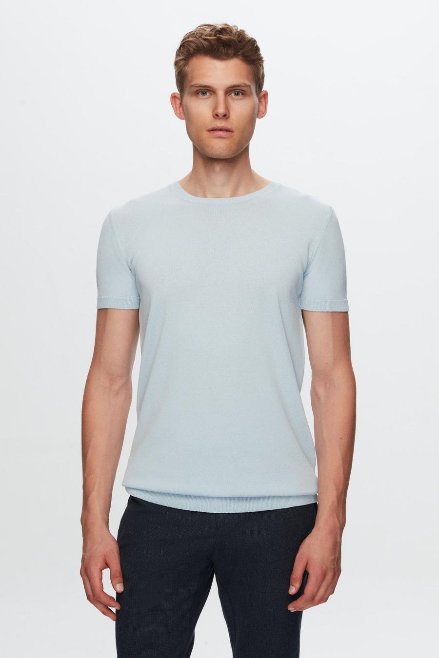 Twn Slim Fit Mavi Düz Örgü Rayon Örme T-Shirt - 8683218253547 | D'S Damat