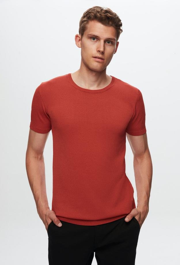 Twn Slim Fit Kiremit Düz Örgü Rayon Örme T-Shirt