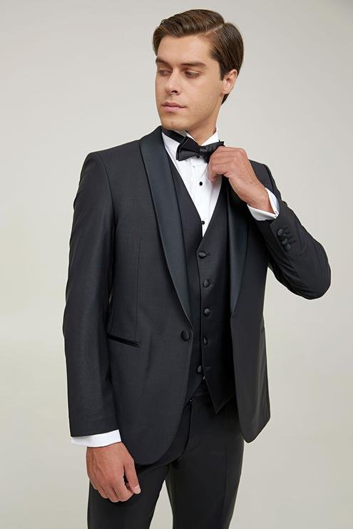 Damat Slim Fit Siyah Yün Karışımlı Takim Elbise Yelekli - 8683408616589 | Damat Tween