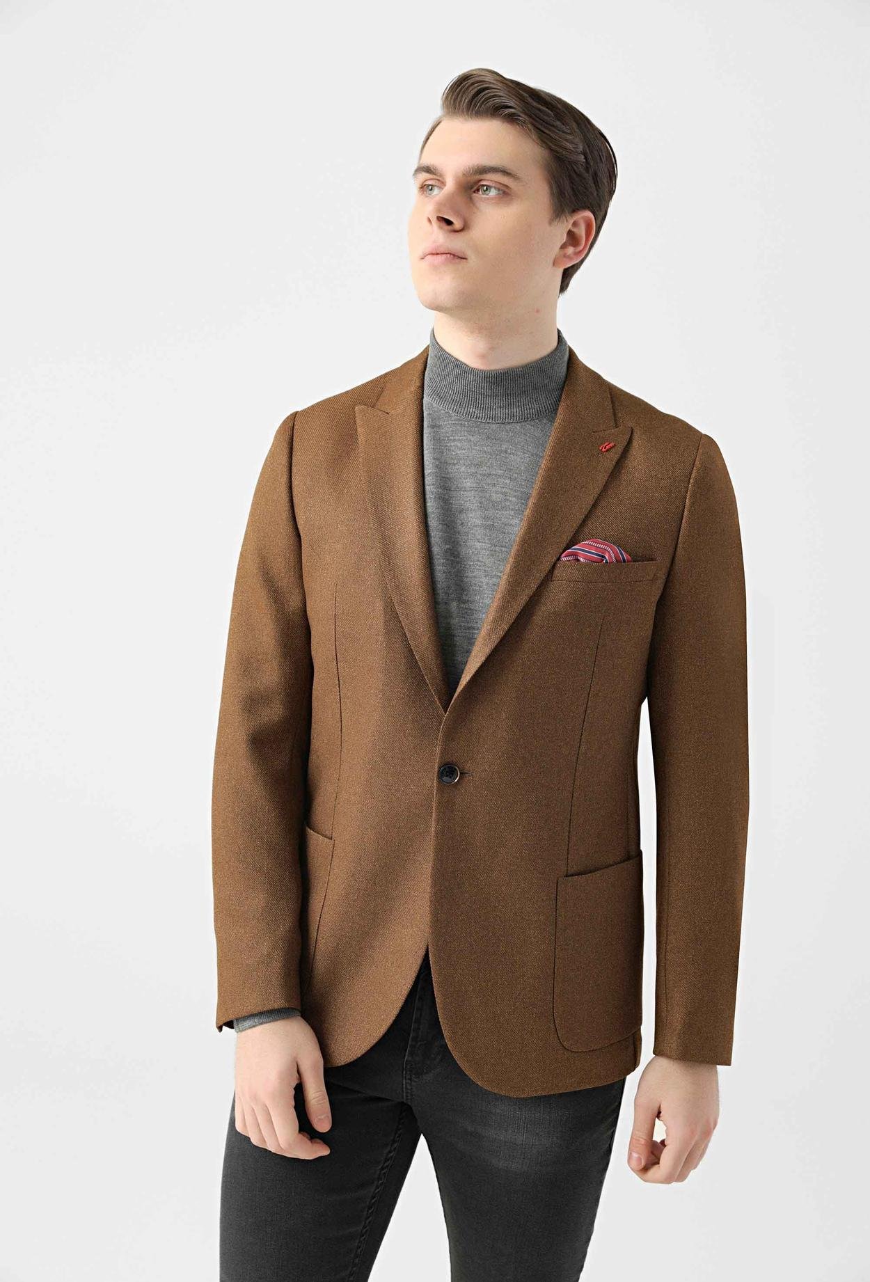 Twn Slim Fit Açık Kahverengi Armürlü Kumaş Ceket