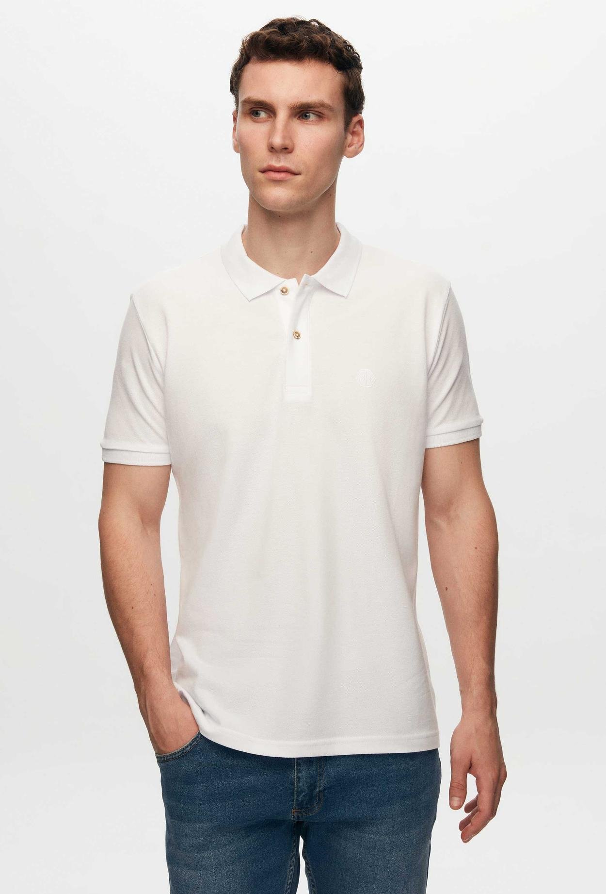 Ds Damat Regular Fit Beyaz/Sari/Turuncu Pike Dokulu %100 Pamuk Polo Yaka T-Shirt
