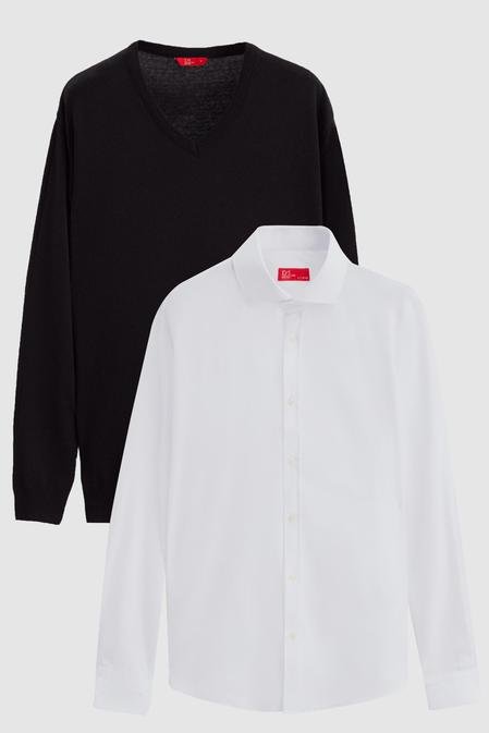 Ds Damat Slim Fit Siyah Pamuk Karışımlı 2'Li V Yaka Triko Ve Gömlek - 8683578032851 | D'S Damat