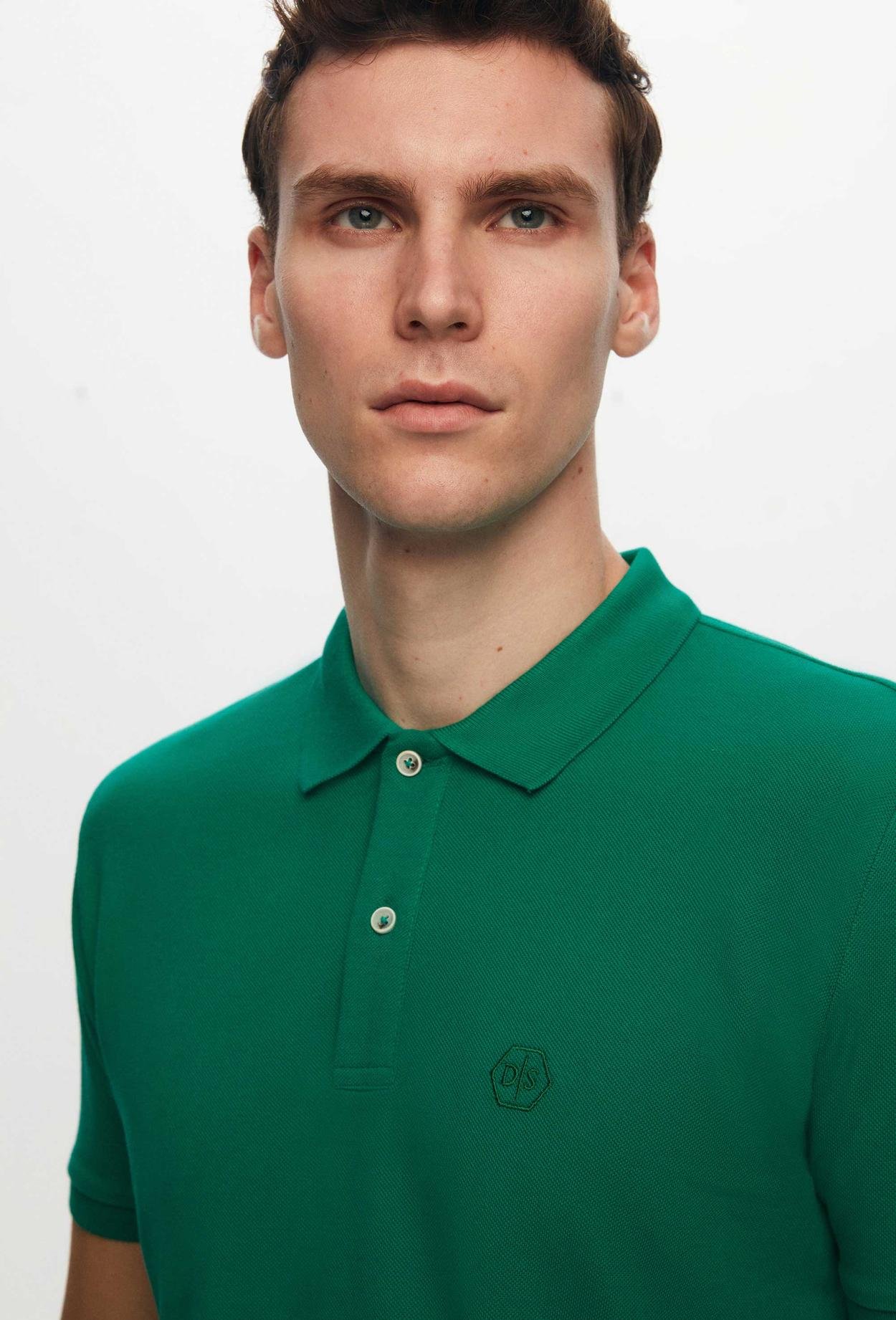 Ds Damat Regular Fit Yeşil Pike Dokulu %100 Pamuk Polo Yaka Nakışlı T-Shirt
