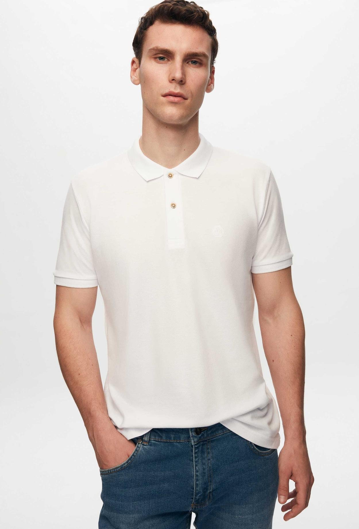 Ds Damat Regular Fit Beyaz Pike Dokulu %100 Pamuk Polo Yaka Nakışlı T-Shirt