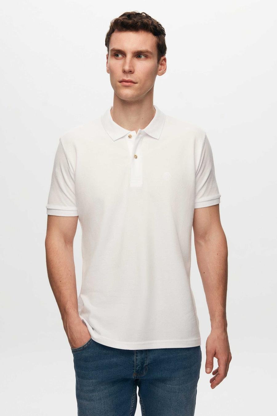Ds Damat Regular Fit Beyaz %100 Pamuk Polo Yaka Nakışlı T-Shirt - 8682060786609 | D'S Damat