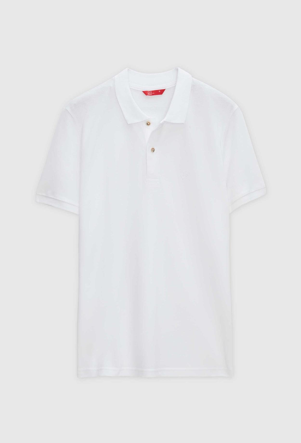 Ds Damat Regular Fit Beyaz %100 Pamuk Polo Yaka Nakışlı T-Shirt