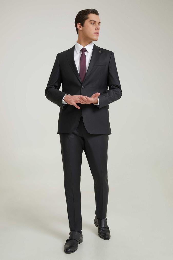 Damat Slim Fit Siyah Düz Superfine Wool Takim Elbise - 8683408609673 | Damat Tween