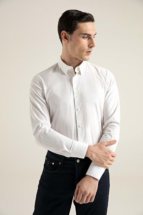 Damat Slim Fit Beyaz Düz Pamuk Karışımlı Likralı Gömlek - 8682365139902 | Damat Tween