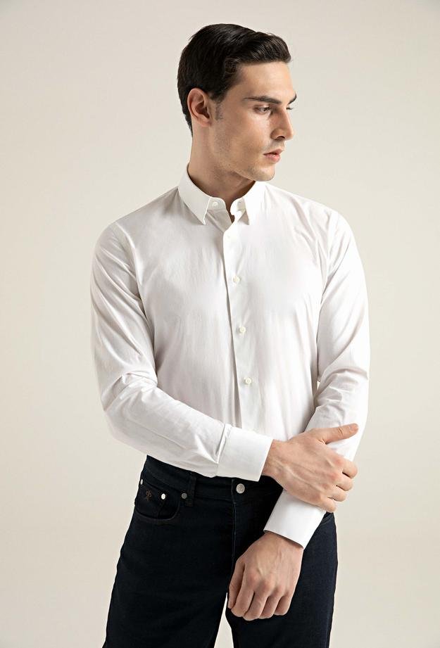 Damat Slim Fit Beyaz Düz Pamuk Karışımlı Likralı Gömlek - 8682365139926 | Damat Tween