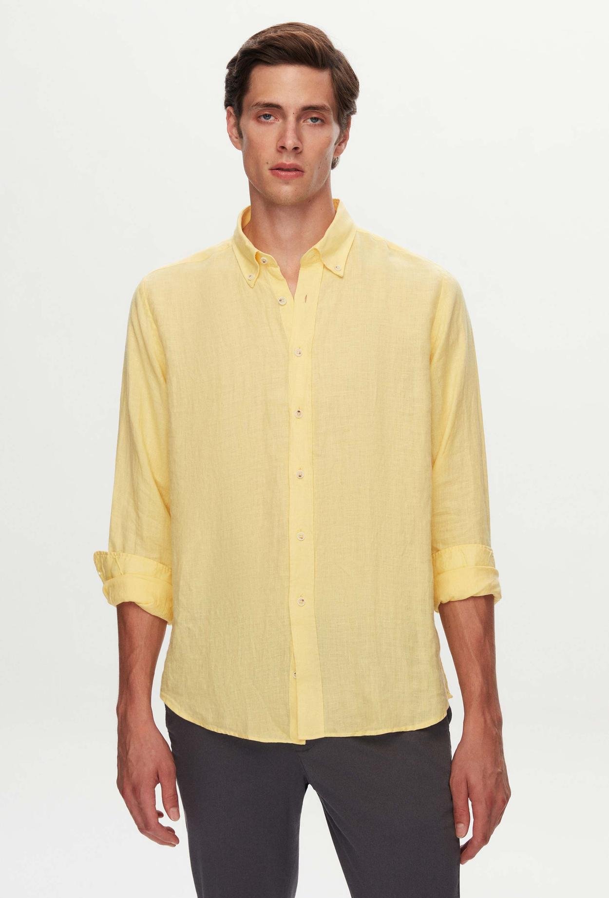 Ds Damat Comfort Sarı Düz Keten Gömlek