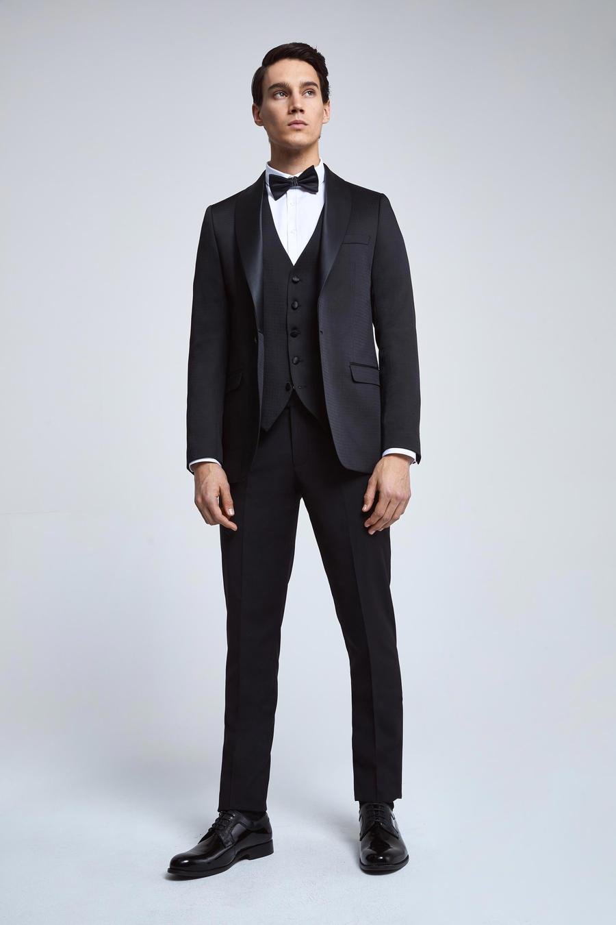 Twn Slim Fit Siyah Düz Damatlık & Smokin Yelekli Takim Elbise - 8683219099045 | D'S Damat