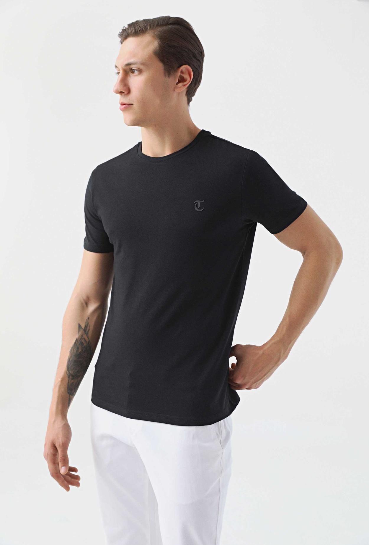 Twn Slim Fit Siyah Düz Örgü Twn Logo Baskılı Strech Pamuklu T-Shirt