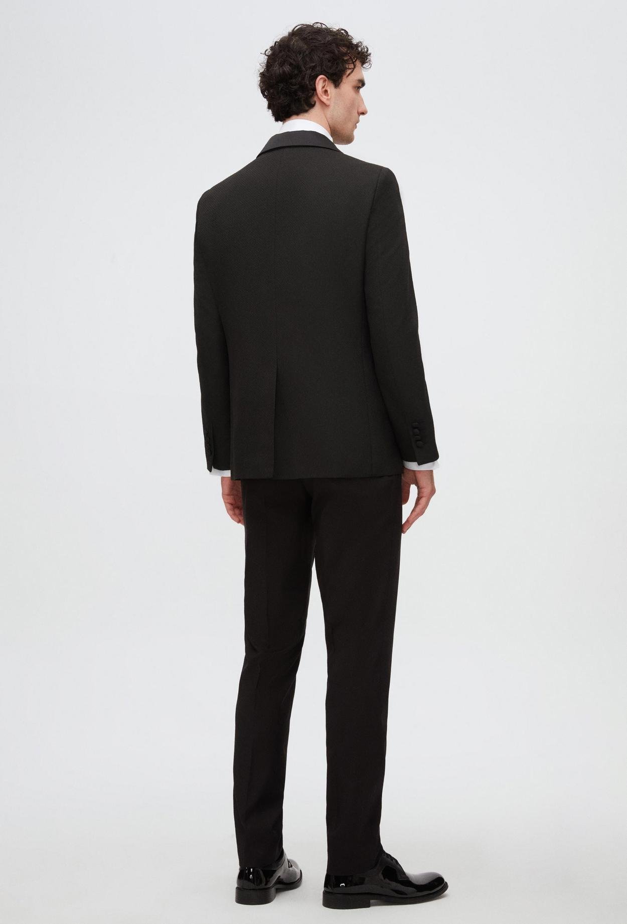 Ds Damat Slim Fit Siyah Armürlü Çıkma Yaka Damatlık & Smokin Yelekli Takim Elbise