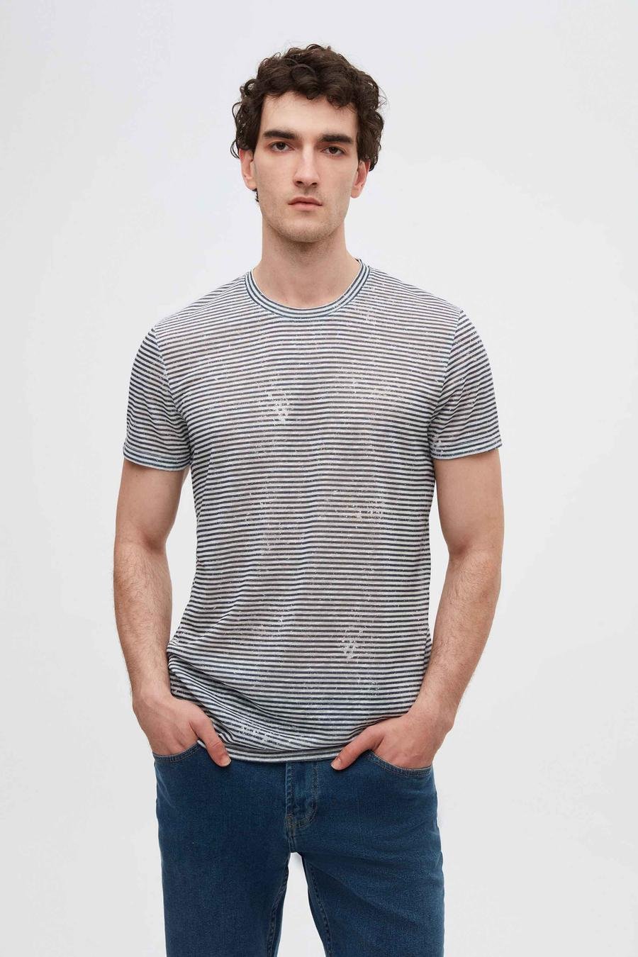 Twn Slim Fit Lacivert Çizgi Baskılı T-Shirt - 8683925125243 | D'S Damat